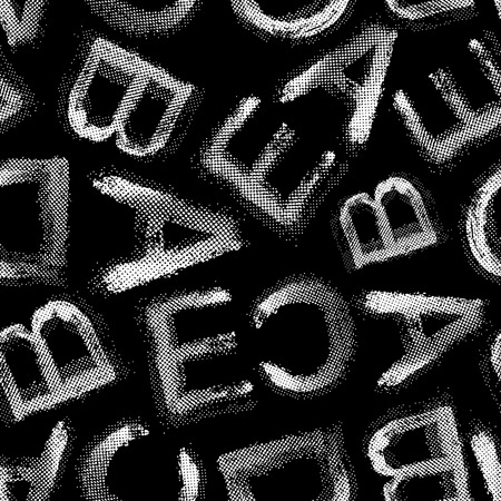 Grunge halftone alphabet seamless background. Black and white seamless background.のイラスト素材