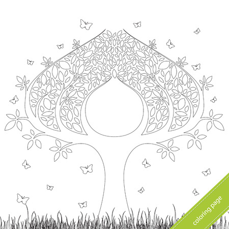 Artistic tree. Pattern for coloring page. Ink pen. Black and white background.のイラスト素材