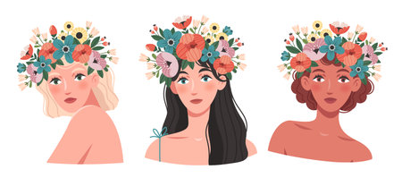 Happy women's day. Beautiful young women with a flower wreath. Image for a spring banner, card, poster. Beautiful women with a flower wreath. Pretty girls in nature.のイラスト素材