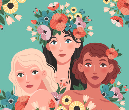 Beautiful women of different nationalities among flowers and plants.のイラスト素材