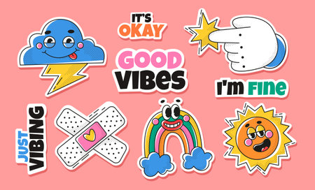 Thundercloud, pointing hand, funny rainbow, cute patch, sun and motivational inscriptions. A set of funny and cute emblems with cartoon style characters. Funny sticker pack design.のイラスト素材