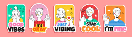 Hand drawn flat design trendy cartoon badges and labels with funny people.のイラスト素材