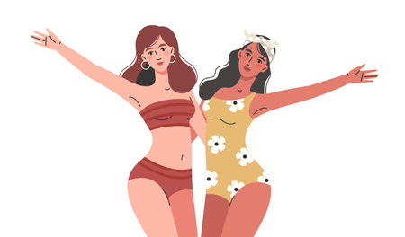 Two girls in swimsuits wave their hands.Vacation concept.Girlfriends hug, enjoy the summer.のイラスト素材