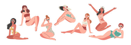 Beautiful summer girls in swimsuits with different skin colors and hairstyles. Women sit in various poses and swim suits: bikini, one piece swimsuit. vacation concept.のイラスト素材
