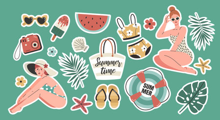 Set of stickers on the summer theme. Girls in swimsuits, lifebuoy, shoulder bag, flip flops, watermelon, glasses, ice cream, shell, starfish, camera, swimsuit and tropical leaves.のイラスト素材