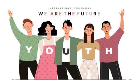 International Youth Day. Young girls and guys hug. company of friends.のイラスト素材