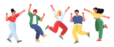 Joyful young people. Boys and girls are jumping and waving their hands.のイラスト素材