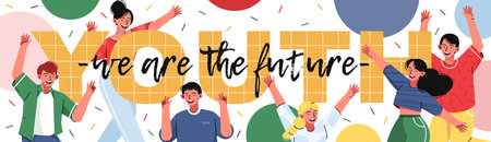 Happy young people waving hands flat vector illustration.Smiling men and women on a white background with geometric shapes.のイラスト素材