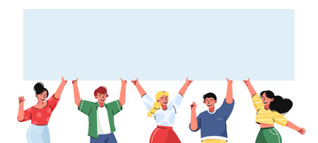 Positive young people hold a sign with blank space for text advertisement or announcement. Group of activists, youth movement.のイラスト素材