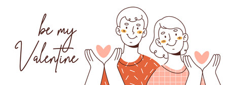 Valentine's day card with young couple falling in love. Young man and woman are holding hearts.のイラスト素材