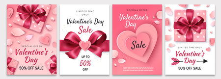 Valentine's Day sale posters. Romantic composition with hearts, petals and gifts. Vector illustration for website , posters, ads, flyers and other promotional material.のイラスト素材