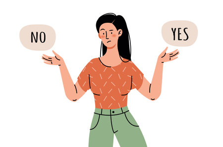 Young girl chooses Yes or No. Concept of choice, search for an answer, acceptance of refusal or consent.のイラスト素材