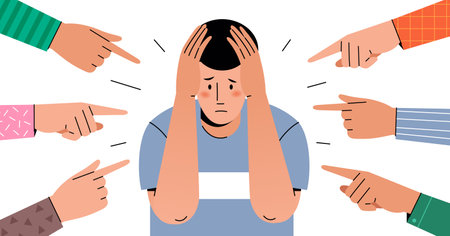 Different hands indicate a frightened young man. A victim of bullying.のイラスト素材