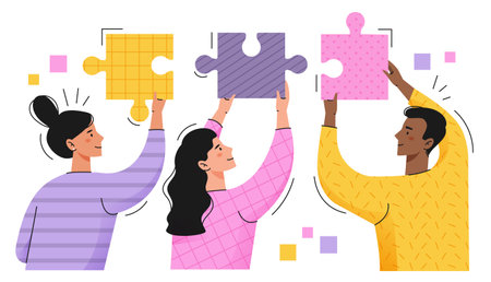 Young people put together a puzzle. Teamwork and partnership. logic games.のイラスト素材