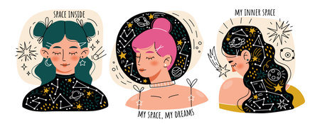 Dreaming young girls with closed eyes. Cosmic thoughts. A set of doodle images.のイラスト素材