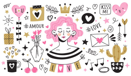 Set of cute doodle love elements. Simple images for decorating diaries, cards, and more.のイラスト素材