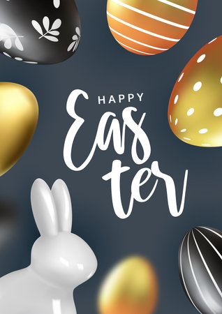 easter greeting poster. Minimal design with white rabbit figurine, gold and black eggs.のイラスト素材
