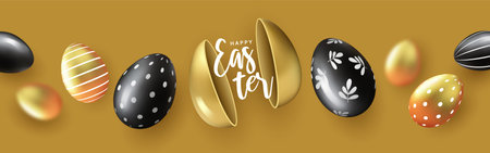 Easter congratulation banner, holiday card, flyer design. Golden and black eggs on a yellow background. Modern minimal design with eggs and rabbits for social media, sale, advertisement, web.のイラスト素材