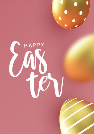 easter greeting poster. Minimal design with golden eggs on the pink background.のイラスト素材