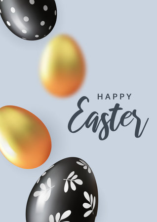 easter greeting poster. Minimal design with gold and black eggs on the gray background.のイラスト素材