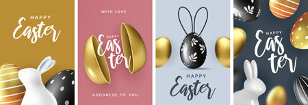 Easter greeting posters, holiday covers, cards, flyers design.Modern minimal design with eggs and rabbits for social media, sale, advertisement, web.のイラスト素材