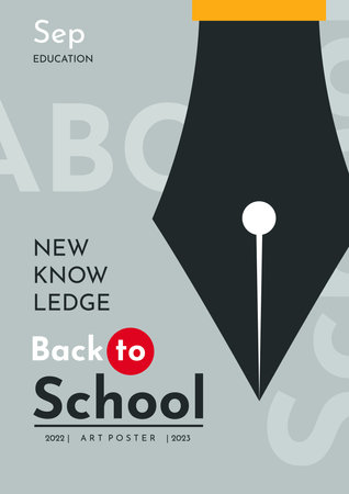 school background. back to school. Fountain pen on a gray background with the letters. simple flat background. vertical poster.のイラスト素材