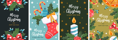 Cute holiday cards. A set of New Year and Christmas pictures with congratulations. Holiday decorations: flowers, berries, stockings, candies, candles, leaves and other New Year elements.のイラスト素材