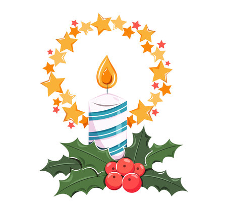 Christmas candle with stars and holly. Vector isolated image on a white background.のイラスト素材