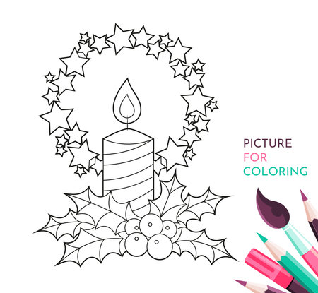 Christmas candle with stars and holly. Image for coloring on a white background.のイラスト素材