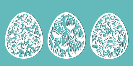 Tulip, cornflower, daffodil in the shape of an egg. Decorated eggs for Easter holidays. A set of templates for cutting paper, laser cutting and plotter. Vector.のイラスト素材