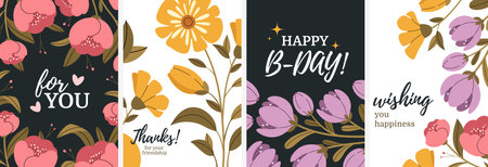 Collection posters with blooming flowers and leaves. Greeting cards on the floral background.Elegant template for congratulations or invitations.のイラスト素材