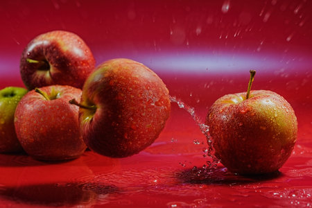 ripe apples are washed with waterの写真素材