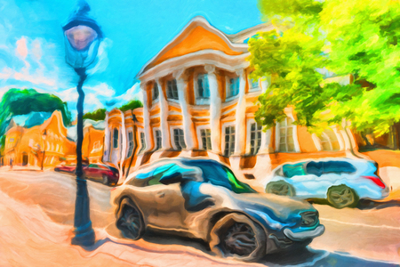 Cars on the historic street- digital drawing stylizationの写真素材