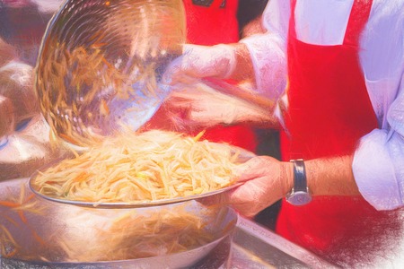 Table with food and drink- digital art image conversion.の写真素材