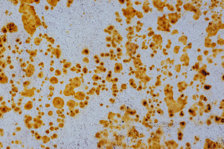 Background corrosion. Rusty spots on the metal sheet, the impact of atmospheric precipitation