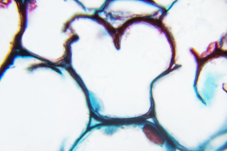 The cut root of a young horse bean. Vicia Faba Young Root- science background. Cells legumes, view...