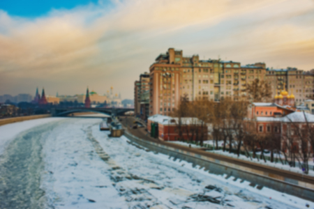 Rising of the sun. Early morning in Moscow - a blurred background of the cityの写真素材