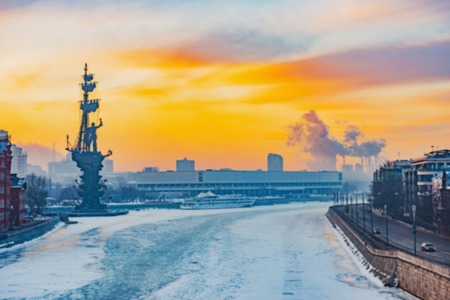 Rising of the sun. Early morning in Moscow - a blurred background of the cityの写真素材