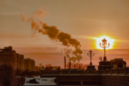 Rising of the sun. Early morning in Moscow - a blurred background of the city