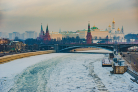 Rising of the sun. Early morning in Moscow - a blurred background of the cityの写真素材