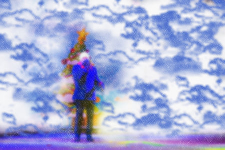 Blurred background of a winter landscape - people in the park to celebrate Christmas holiday. The performance of the artists on stage. Actors and musicians entertain the guests.の写真素材
