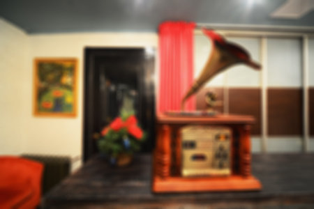 Premise interior on blurred background. Abstract stylish and harmonious design of the restaurant attracts visitors.の写真素材