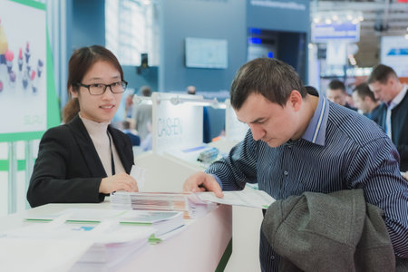 MOSCOW, RUSSIA, VDNH - APRIL 25-27, 2017: RUSSIAN ELEVATOR WEEK, International exhibition.のeditorial素材