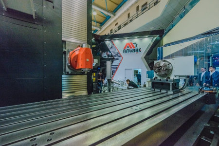 MOSCOW, RUSSIA, Expocentre - MAY 15-19, 2017: 18th international specialized exhibition "Equipment, instruments".
and tools for Metalworking industry". Booth display metal cutting machines company.のeditorial素材