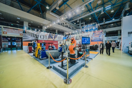 MOSCOW, RUSSIA, Expocentre - MAY 15-19, 2017: 18th international specialized exhibition "Equipment, instruments".
and tools for Metalworking industry". Exhibit booth of the company- welding robot.のeditorial素材