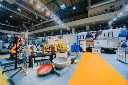 MOSCOW, RUSSIA, Expocentre - MAY 15-19, 2017: 18th international specialized exhibition "Equipment, instruments".
and tools for Metalworking industry". Exhibit booth of the company- welding robot.のeditorial素材