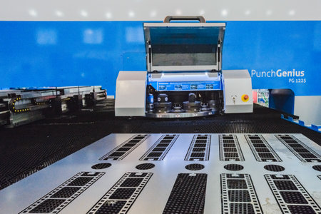 MOSCOW, RUSSIA, Expocentre - MAY 15-19, 2017: 18th international specialized exhibition "Equipment, instruments and tools for Metalworking industry". Booth display company. People - visitor event expo.のeditorial素材