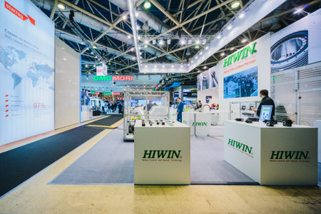 MOSCOW, RUSSIA, Expocentre - MAY 15-19, 2017: 18th international specialized exhibition "Equipment, instruments and tools for Metalworking industry". People conduct business meetings at booths productのeditorial素材