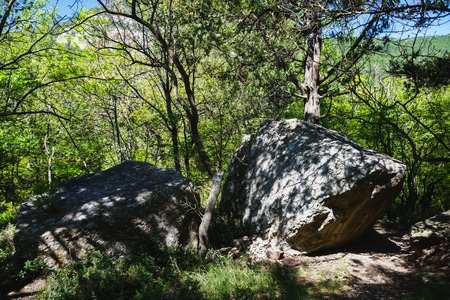 Nature landscape. Path trail mountains- wall of huge stones. Country walk.の写真素材
