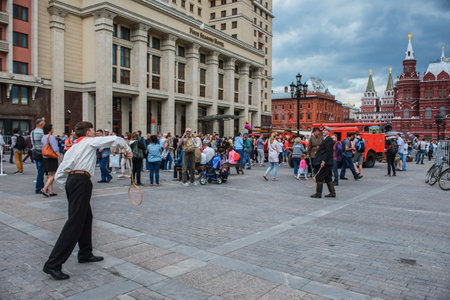 MOSCOW, RUSSIA - June 1-12, 2017: International festival "Times and epochs. The meeting". Scene sports games badminton at the Manezhnaya squareのeditorial素材